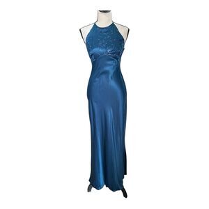 VTG Zum Zum Teal Blue Satin Halter Prom Dress Gown Beaded Bodice Open Back S
